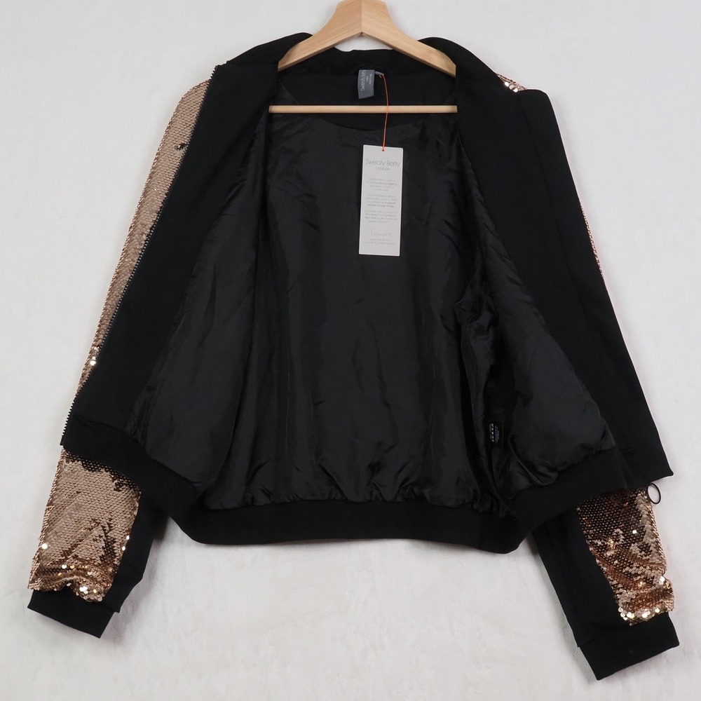 Womens Sequin Bomber Jacket Medium Rose Gold Bachelorette Festival Glam NWT - Picture 4 of 10